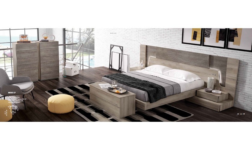 Dormitorio completo formado por cabecero, somier, dos mesitas, un mueble baúl zapatero y dos sinfonier en color gris roca