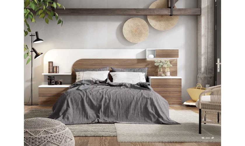 Dormitorio completo formado por cabecero, somier y dos mesitas en madera blanco mate con acabados en madera noceto