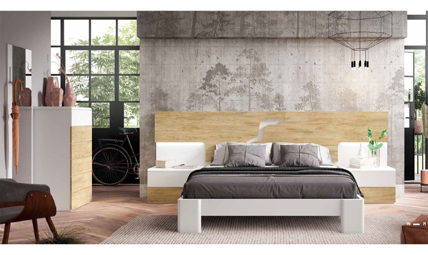 Dormitorio completo en madera bora mate con acabados en madera blanco mate