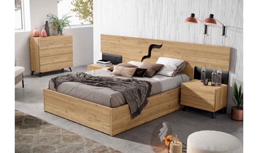 Dormitorio completo en madera natural con acabados en madera negro bocamina