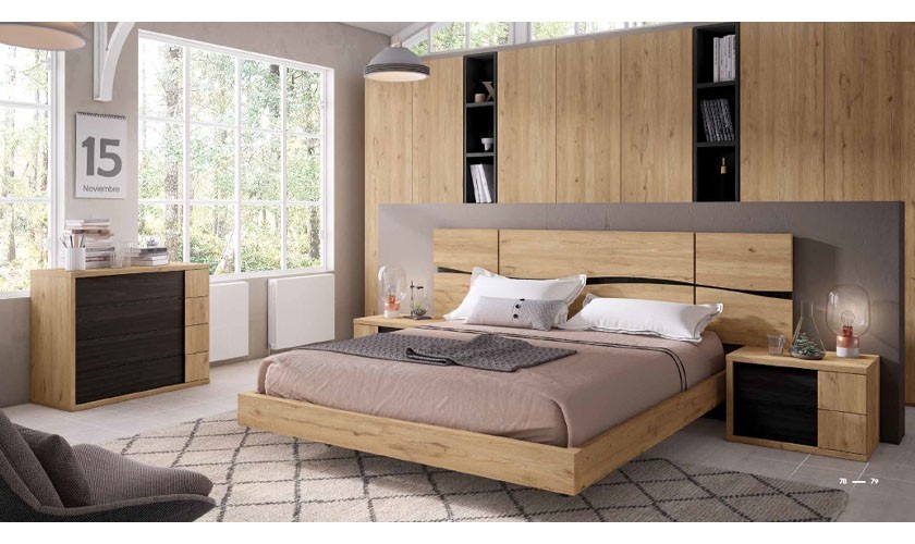 Dormitorio completo en madera natural con acabados en negro bocamina