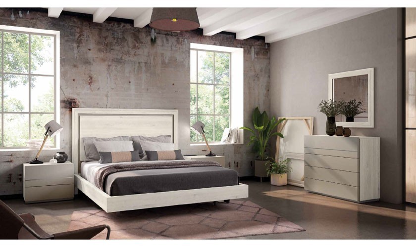Dormitorio completo formado por cabecero, somier, un sinfonier y dos mesitas en color blanco nordic