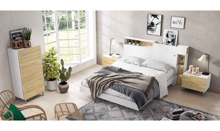 Dormitorio completo formado por cabecero, somier, un sinfonier y dos mesitas en color blanco mate