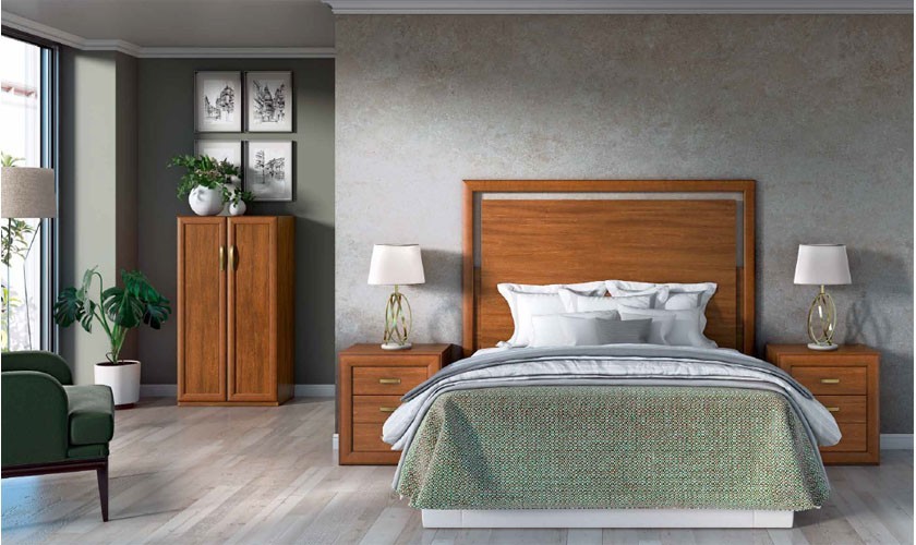 Dormitorio  formado por cabecero, dos mesitas y armario zapatero en color madera nogal