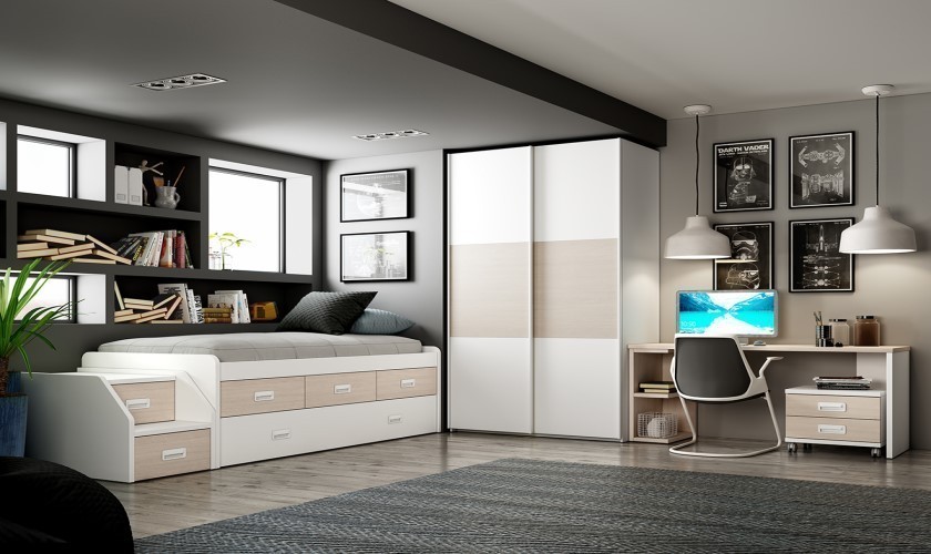 Dormitorio juvenil con armario y zona de estudio