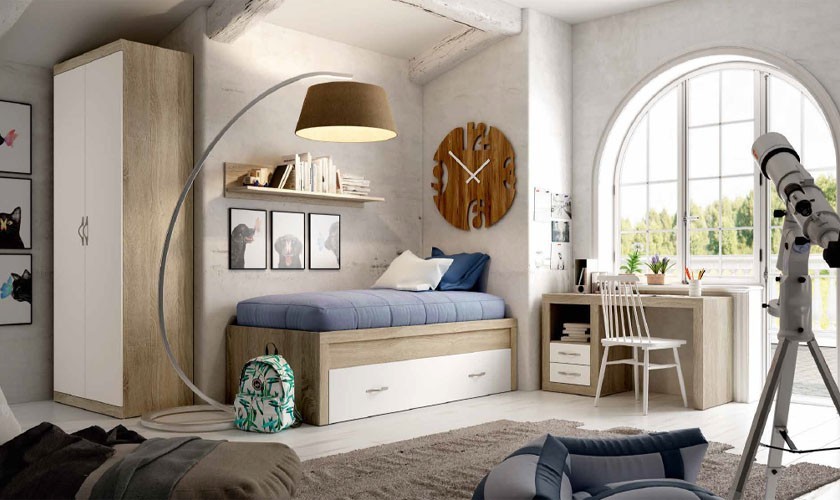 Dormitorio infantil con cama nido,  armario, estante pared y  escritorio en madera con acabado madera color blanco