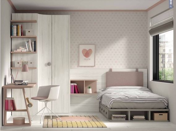 Dormitorio juvenil con armario, escritorio, 2 baules y cama